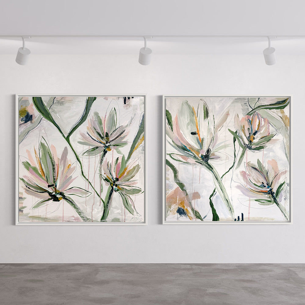 Charissa Owens abstract mixed media botanical art in a gallery setting