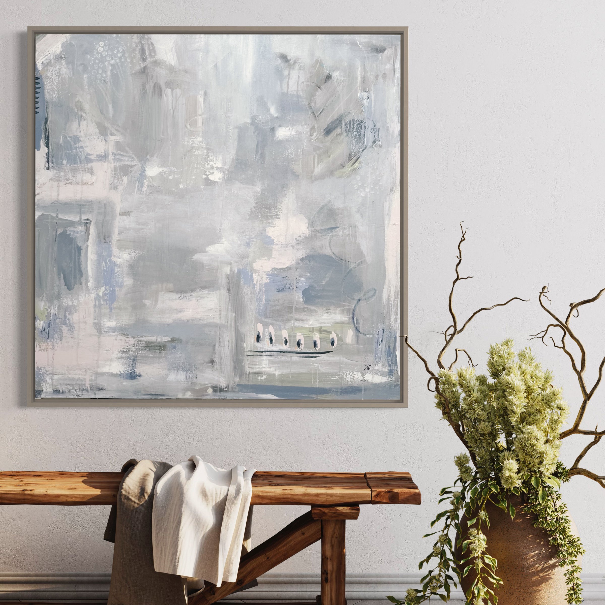 Charissa Owens Art abstract piece hanging above a bench
