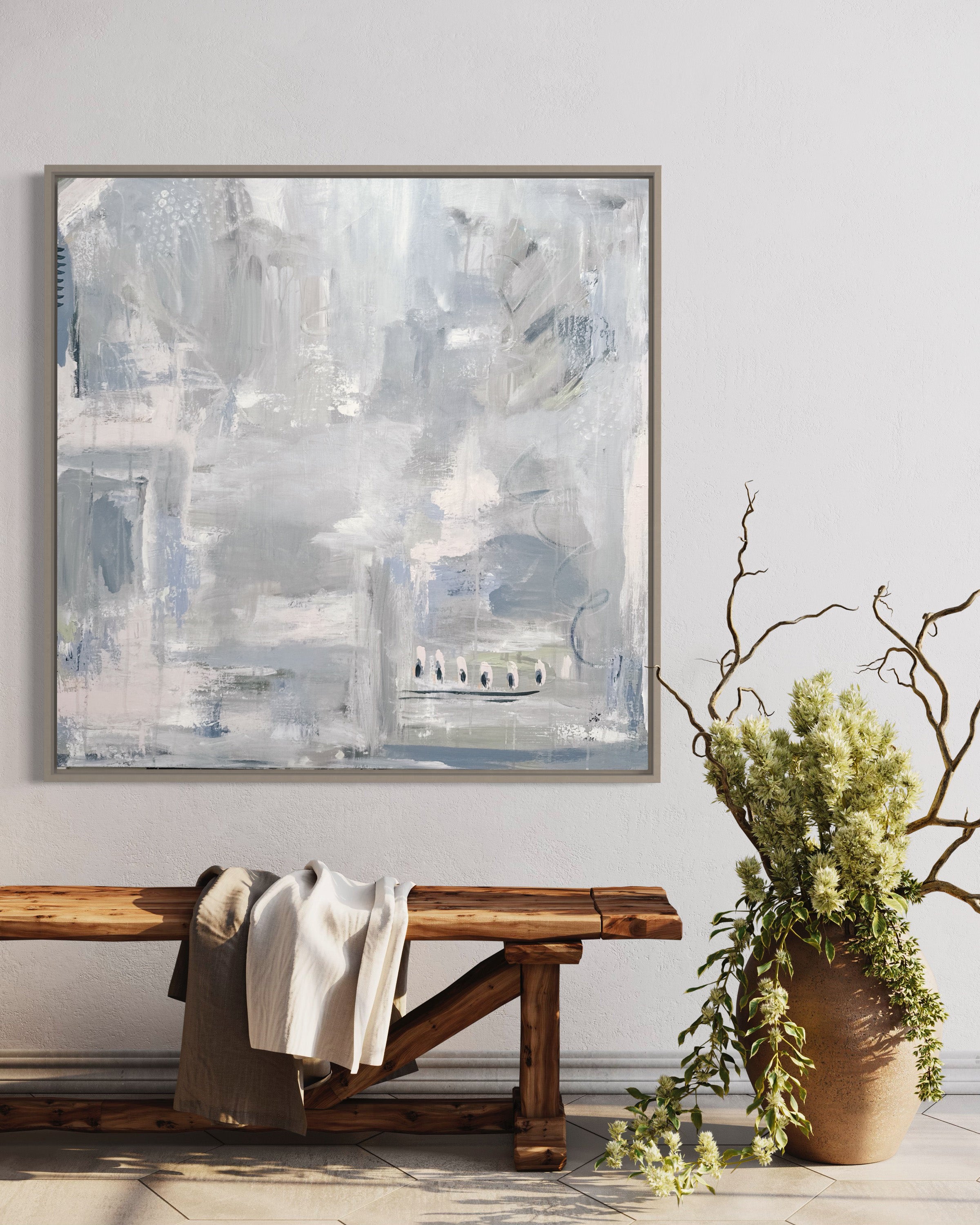 Charissa Owens Art abstract piece hanging above a bench
