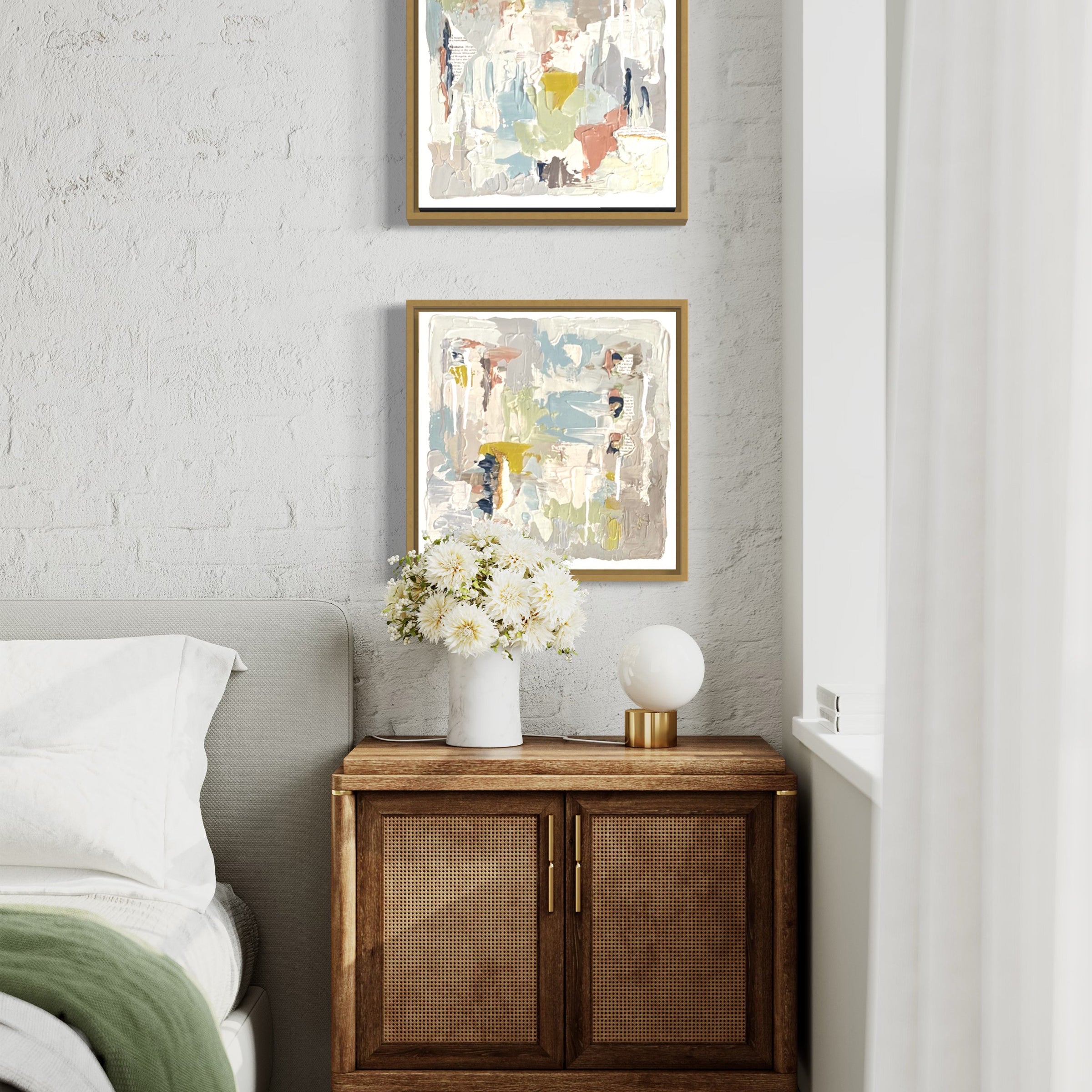 Charissa Owens Art 2 mixed media pieces hanging in a bedroom