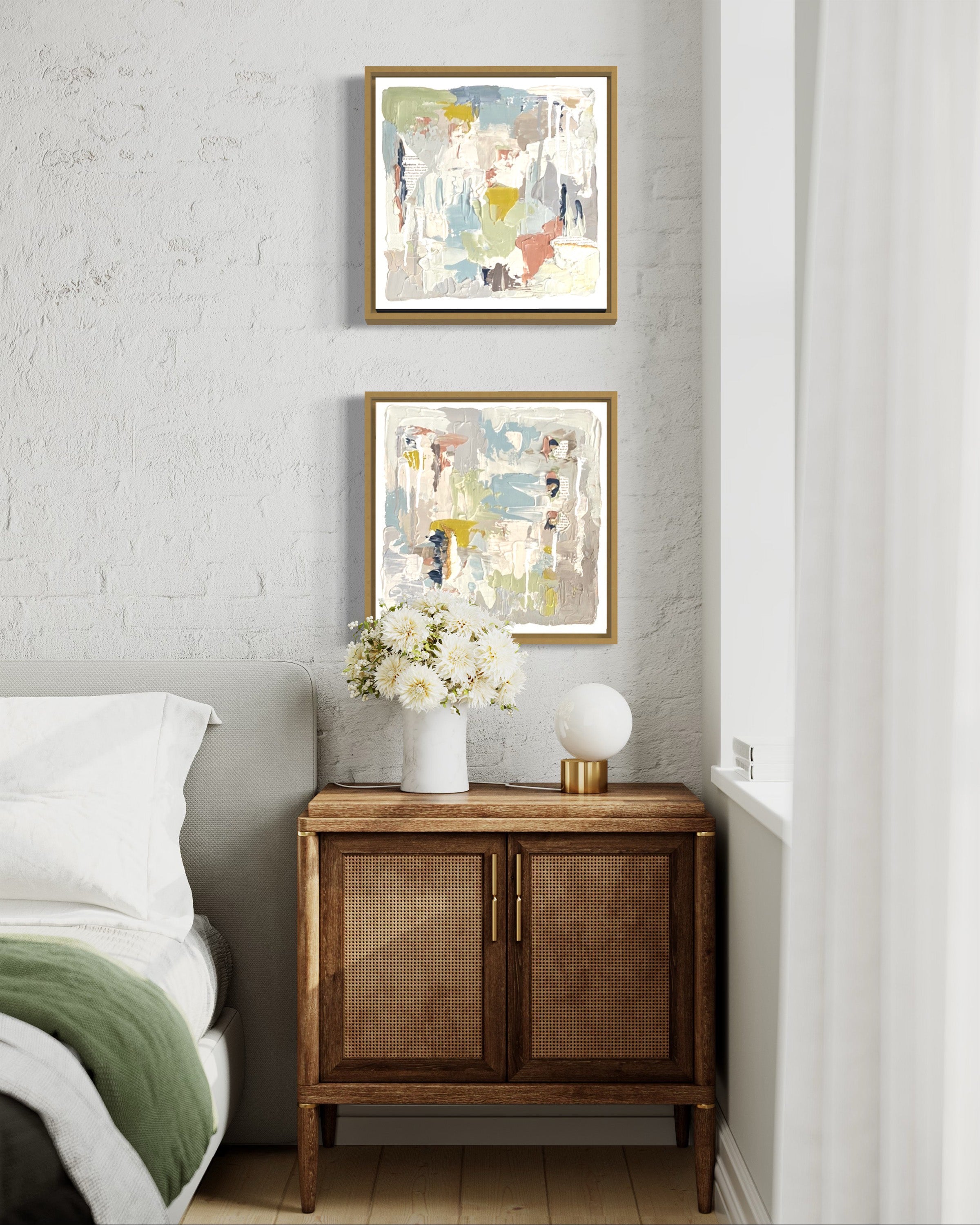 Charissa Owens Art 2 mixed media pieces hanging in a bedroom